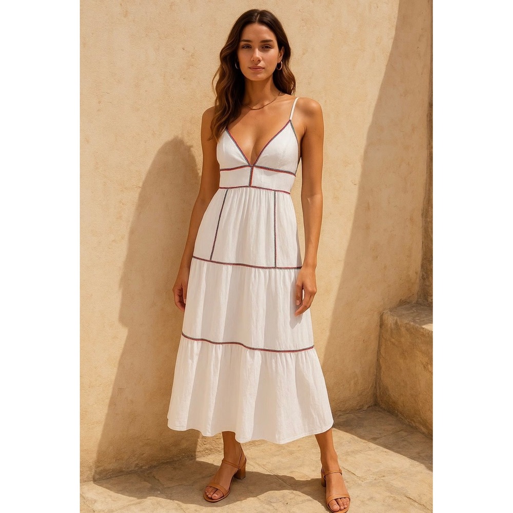 Caroline Constas White Embroidered Tiered Maxi Dress Small V-Neck Boho Summer